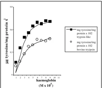 Figure 3 - Effect of substrate concentration on trypsin - -like enzyme and bovine trypsin activities when assayed  for 10 min at 40 º C and pH 7.8 [concentration of enzyme  0.016mg/mL]