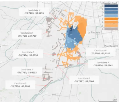 Figure 11: Coverage level of all nodes considered to approximate the communes of San Bernardo and El Bosque
