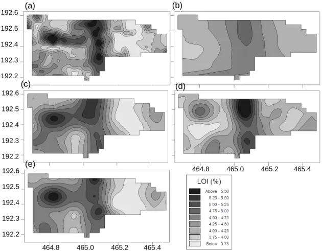 Figure 2: Kriged maps of LOI for Wallingford: with variograms estimated by MoM (a)  30-m  grid  (296  data),  (b)  90-m  grid  (36  data),  (c)  120-m  grid  +  samples  at  60-m  (50  data);  (e)  90-m  grid  with  variogram  estimated  by  REML  and  (d)