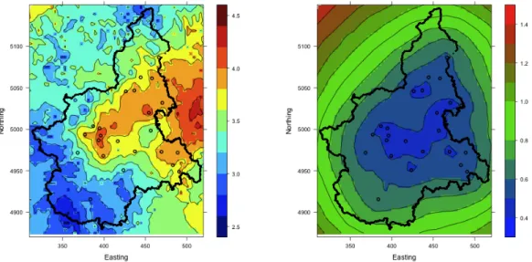 Figure 1: Map of the PM 10 posterior mean on the logarithmic scale (left) and standard deviation (right) for January 29th, 2006.