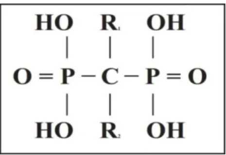 Figura 1- Estrutura química dos Bisfosfonatos. Carbono central com 2 grupos fosfato ligados a cada  um dos seus lados