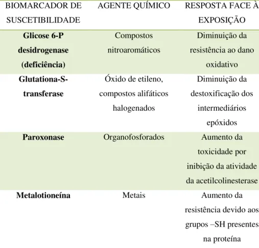 Tabela 2.  Biomarcadores  de  suscetibilidade  para  alguns  agentes  químicos  (adaptado  de  Amorim, 2013)
