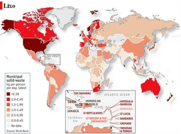 Figura 2.2 -  Resíduos Sólidos Urbanos (RSU) no mundo, por kg/habitante/dia. 