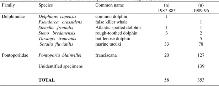 Table 4. Number of small cetaceans accidentally captured at Atafona village, RJ, Brazil.