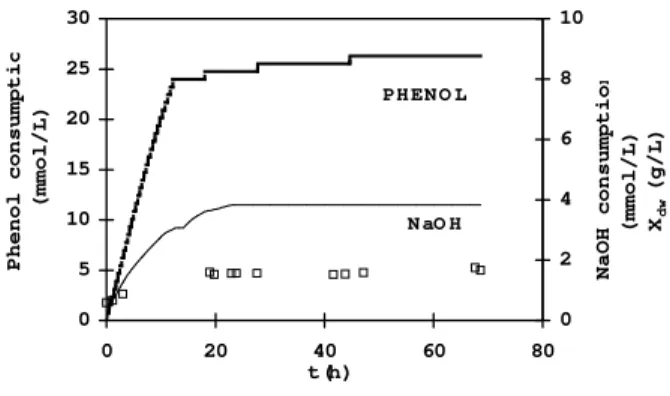 Figure 2 - Courses of the dissolved oxygen  concentration (C L ) and absorbance (A)  of the limited medium during phenol  degradation