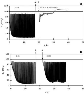 Figure 4 - Changes of the minimum dissolved oxygen  concentration achieved after a phenol  addition (a) and the specific phenol  consumption rate (b) in the nutrient limited  medium with: 