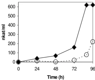Figure 1 - Comparison of xylanase activity in a Submerged Fermentation with xylan as the sole carbon source by A