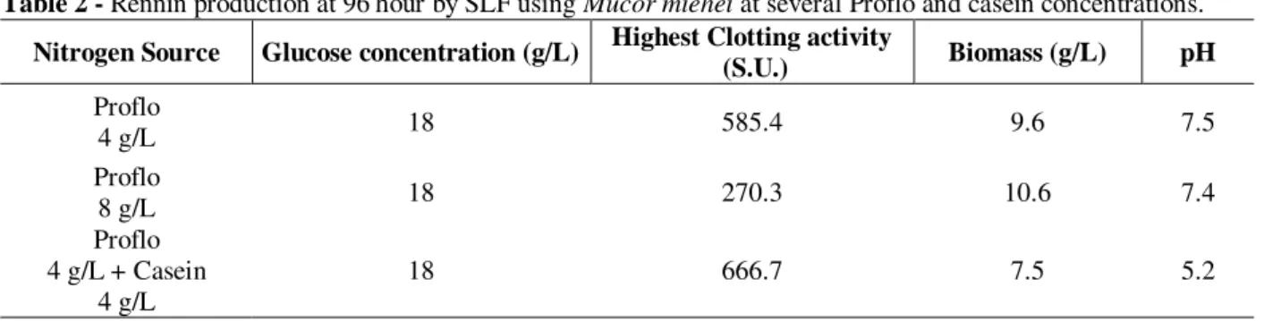 Table 2 - Rennin production at 96 hour by SLF using Mucor miehei at several Proflo and casein concentrations.
