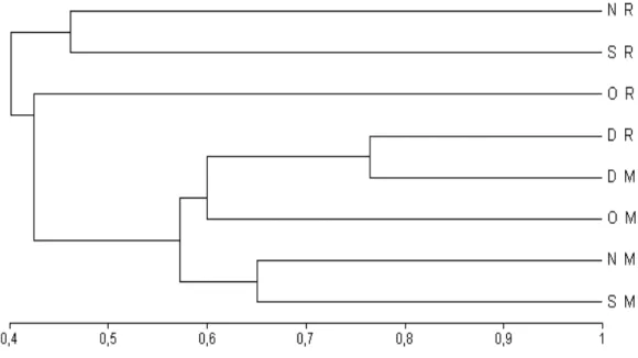 Figure 8 - Dendrogram with the binary index of Jaccard, with UPGMA aggregation algorithm with data from Urca