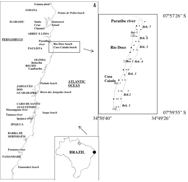 Figure 1 - Pernambuco coast and area of study showing measurement locations:  ●  currents,  ▲ meteorological  stations,  ∆   (inshore)  and  ⊗  (offshore)  hydrological  and  biological  sampling stations,  ⇒  domestic sewage outfalls, Brk Breakwater