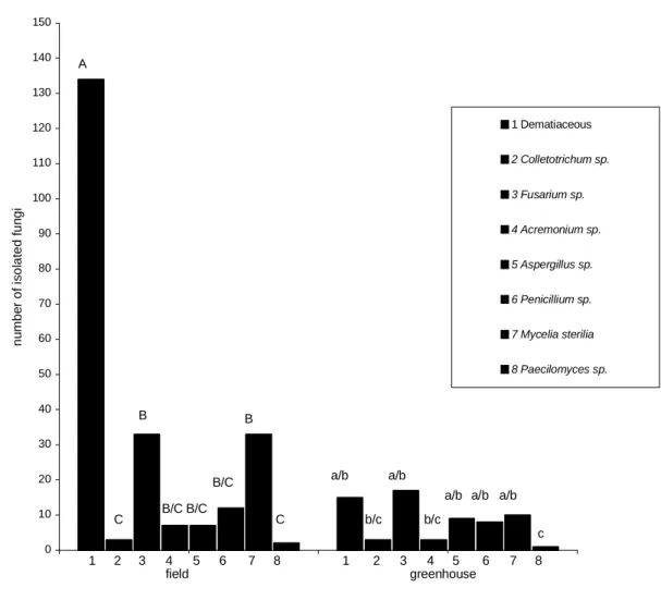 Figure 1 - Number of endophytic fungi isolated from the leaves and stems of soybean grown in the field and in a  greenhouse