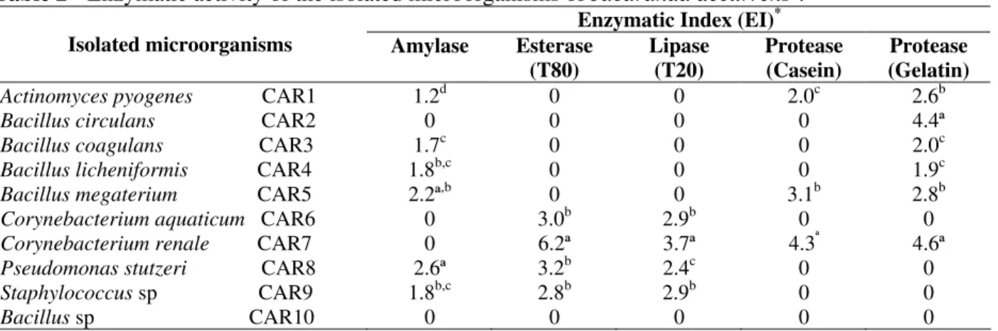 Table 2 - Enzymatic activity of the isolated microorganisms of Jacaranda decurrens † 