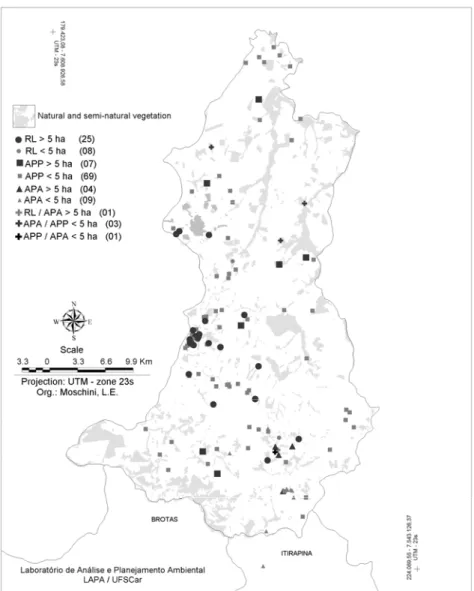 Figure 4 - Georeferenced deforestation occurrences (127), with values &lt; and &gt; that 5 ha, related to  Environmental Protection Areas (APA), Permanent Protection Areas (APP) and Legal  Reserve (RL) areas overlaying on the land cover thematic map of the
