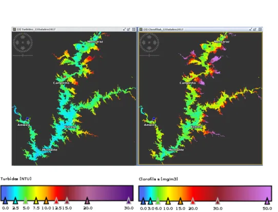 Figura 9. Mapa de turbidez (Esquerda) e clorofila a (Direita), dia 22 de outubro de 2017.