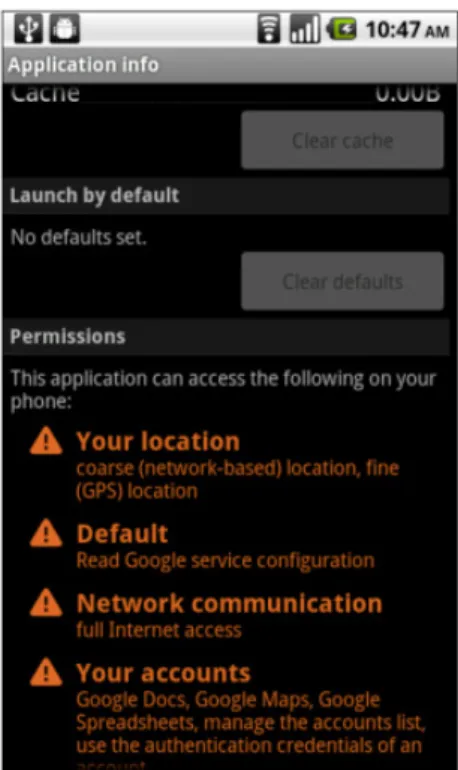 Ilustração 7 - Exemplo de sistema Android com a listagem de permissões de uma aplicação 