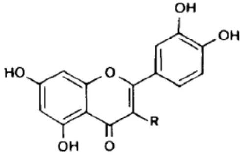 Figura 10. Estrutura química das flavonas luteolina (R = H), quercetina (R= OH), 3  – metilquercetina (R = OCH 3 )