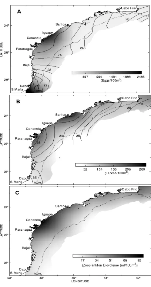 Figure 2 - A. Spatial distribution of fish eggs and temperature isolines ( 0 C). B. Spatial distribution  of fish larvae and salinity isolines