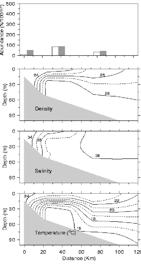 Figure 3 - Physical structure in vertical section (from coast to 200 m isobaths) of the sub-region 1  (Cabo Frio)