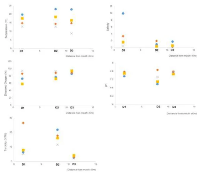 Figure 8 – Water variables measured in situ in Douro estuary though one year.   