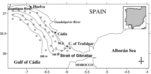 Figure 1 - Study area showing bathymetry and the sampling stations. 