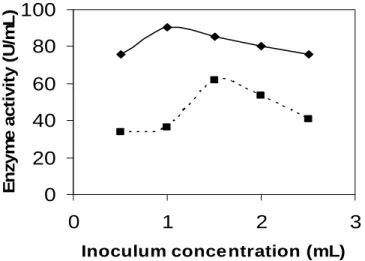 Figure 4 - Effect of inoculum concentration on protease production. (… ■ …) for parent, (— ♦ —) for mutant.