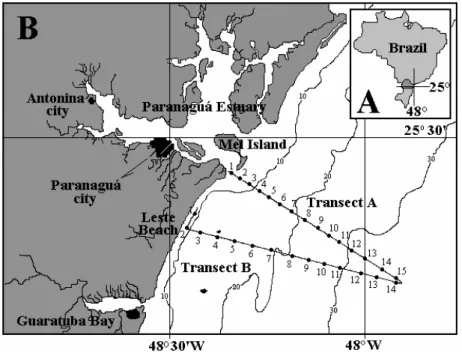 Figure  1  -  Map  of  the  study  area.  A)  location  of  the  study  region  in  Brazil;  B)  organization  of  transects A and B on the coastal shelf.