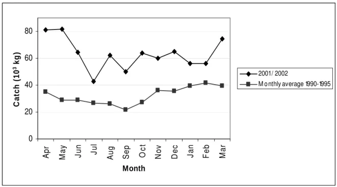 Figure  7  -  Landings  in  the  locality  of  Olaria,  between  April  2001  and  March  2002;  and  monthly  averages for the period 1990-1995 (IBAMA)