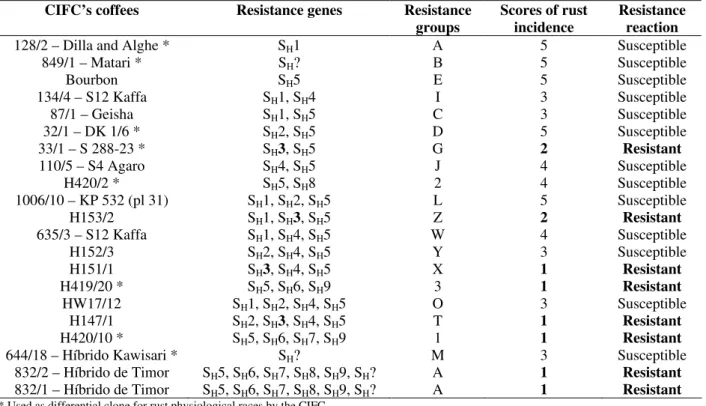 Table  1  –  Resistance  to  H.  vastatrix  in  CIFC’s  coffees  with  2.5  years  old  evaluated  in  July  2004  at  IAPAR  (Londrina – PR – Brazil)
