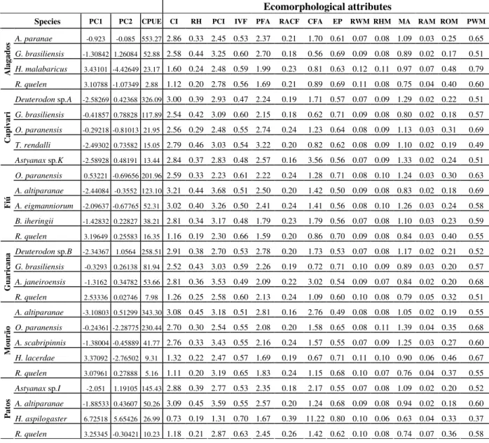 Table  5  -  Values  of  catch  per  unit  of    effort,  PCA  scores  and  mean  values  of  ecomorphological  attributes  for  species