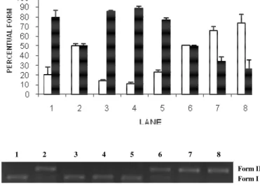 Figure  3  -  Agarose  gel  electrophoresis  of  pBSK  Plasmid  DNA  (200ng)  treated  with  different  concentrations of walnut, alone or associated with stannous chloride (200µg/ml)