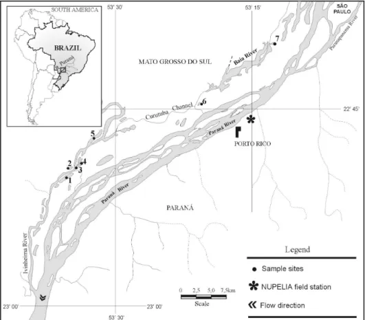 Figure 1 - Map with the localization of sampled sites with the respective codes. 1- Ventura Lake, 2- Zé do  Paco Lake, 3- Boca do Ipoitã Lake, 4- Patos Lake, 5- Finado Raimundo Lake, 6- Traíra Lake and  7- Onça Lake