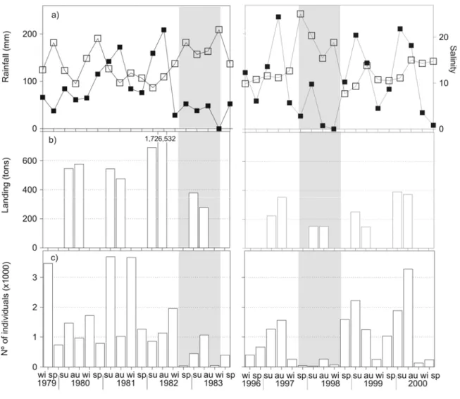 Figure 2 - Seasonal fluctuation in the two sampling periods (1979-1983 and 1996-2000) of (a)  rainfall (empty square) in the drainage basin of the Patos Lagoon, and salinity (filled  square) in the estuarine area, (b) landing data of mullets in the Patos L