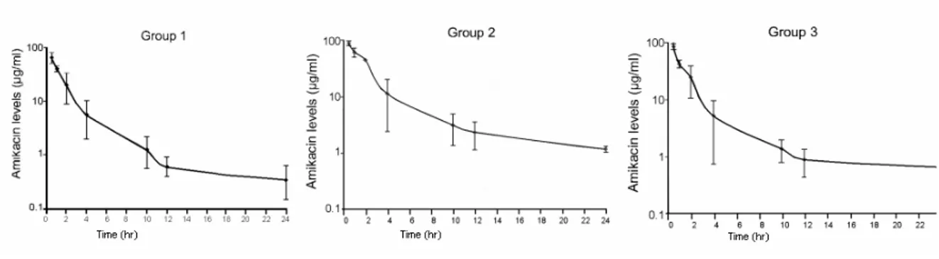 Figure 1 - Pharmacokinetic profiles of amikacin affected by mannitol in Wistar rats. G1: Mannitol  previous to amikacin, G2: Mannitol plus amikacin, G3: Amikacin, single dose.