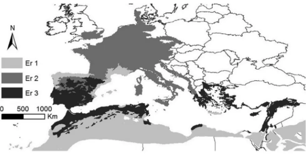 Figure 4. Distribution maps of the three ecoregion groups obtained upon the environmental data clustering analyses.