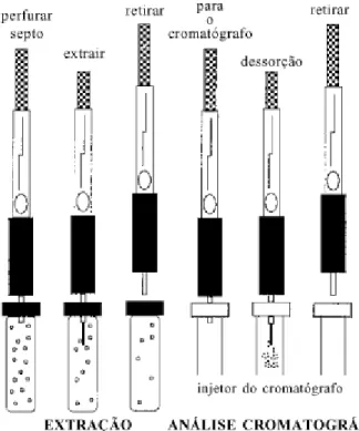 Figura 5. Uso de SPME para o processo de extração e  dessorção do material extraído  para análise cromatográfica (adaptado de Valente e Augusto, 2000)