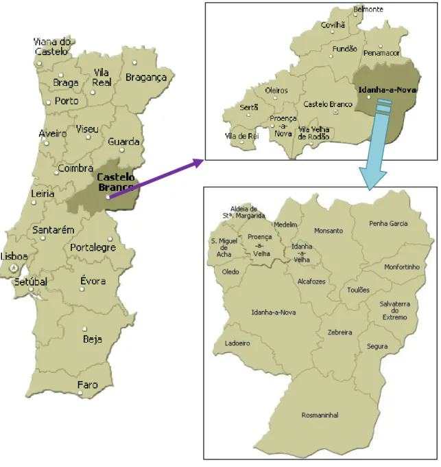 Figura 3: Mapa de Portugal, Distrito de Castelo Branco e Concelho de Idanha-a-Nova   