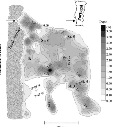 Figure 1. St. Andr´e Lagoon average depths reported to the lagoon margins (0.00), that are approximately 1.5 m above sea level