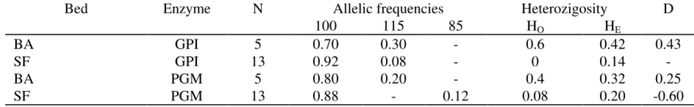 Table 2 - Euvola ziczac. Allelic frequencies and heterozygosity of phosphoglucomutase (PGM) and glucose phosphate isomerase (GPI) extracted from adult specimens from São Francisco (SF) and Bom Abrigo (BA) beds