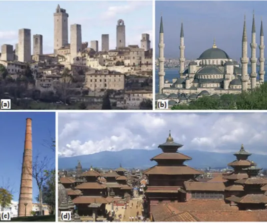 Figure 1. Slender masonry structures: (a) Towers, (b) minarets, (c) chimney, and (d) pagoda temples.