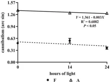 Figure  2  -  Mean  (±  standard  error)  cannibalism  (arcsine  transformed)  of  dorado  (Salminus  brasiliensis)  post-larvae  in  different  photoperiods  with  fish  prey  (F)  or  Artemia  sp