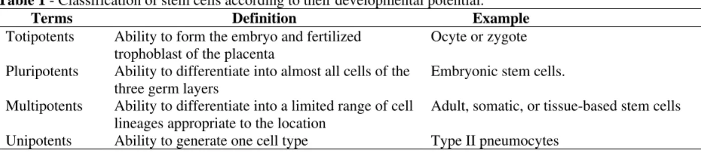 Table 1 - Classification of stem cells according to their developmental potential. 