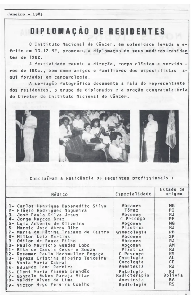 Figura 15. Notícia veiculada no boletim institucional “Câncer Notícias” de janeiro de 1983 sobre a diplomação dos residentes-médicos de 1982