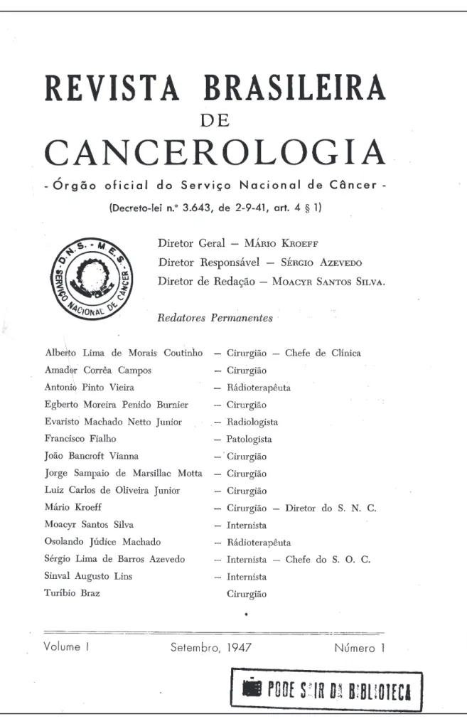 Figura 11. Contracapa do primeiro número da Revista Brasileira de Cancerologia (RBC) em setembro de 1947 