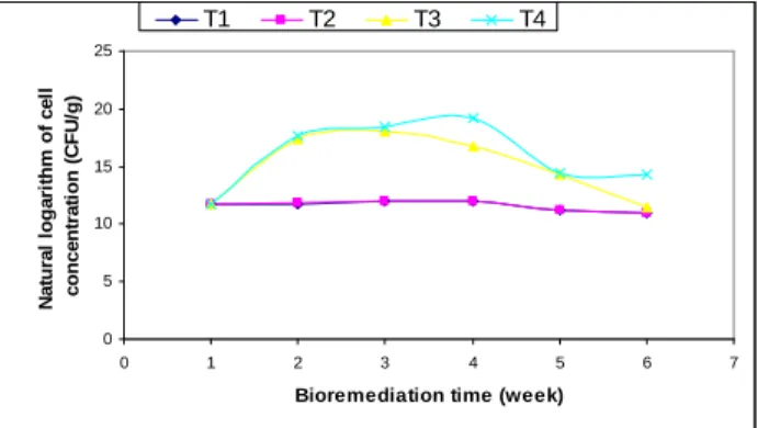 Figure 5 - Variation of Natural Logarithm of cell concentration against bioremediation time 