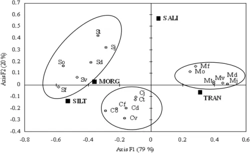 Figure  2  -  Factorial  correspondence  analysis  considering  the  abiotic  variables:  transparency  (TRAN),  salinity  (SALI),  organic  material  (MORG)  and  SILT  in  the  six  sampling  stations  of  both  site:  continental  C  and  marine  M  sec