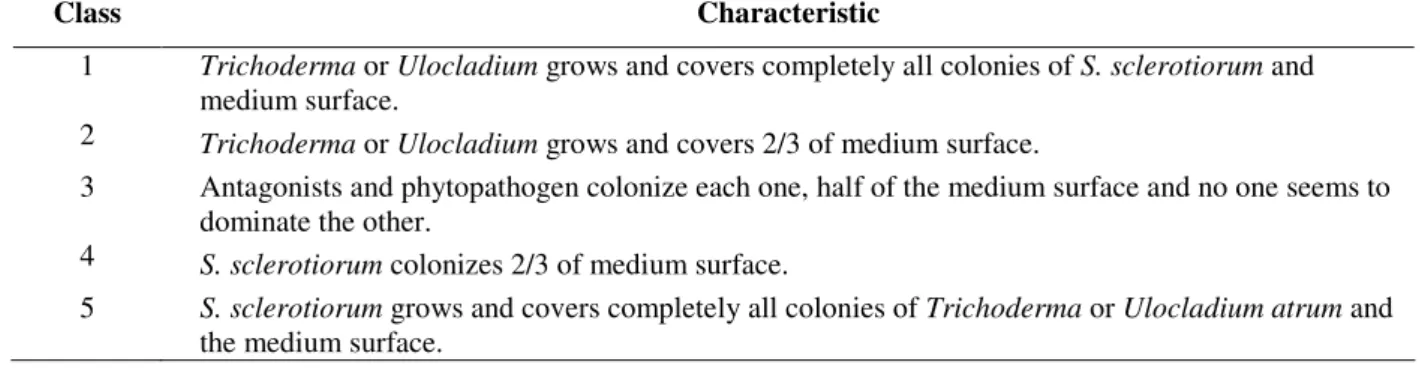Table 2 - Classes of antagonism to Trichoderma and U. atrum with S. sclerotiorum, adapted from Bell et al