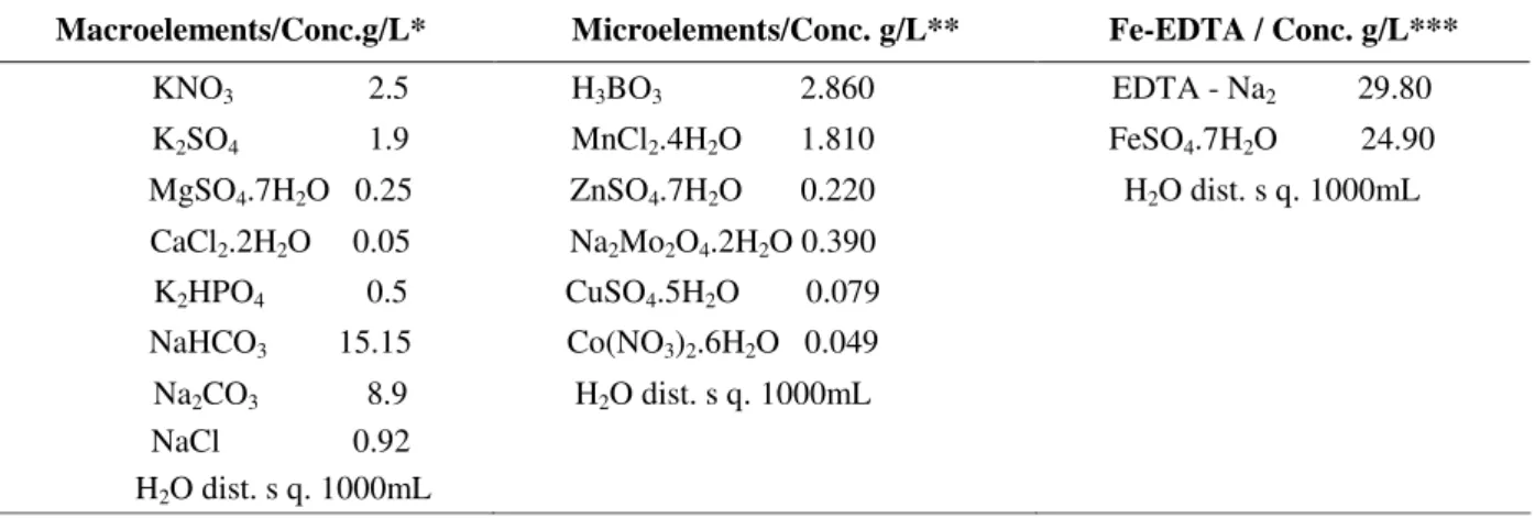 Table  1  -  Synthetic  Paoletti’s  media,  to  each  1  L  of  the  macroelements*  solution  was  added  1  mL  of  the  microelements** and 1 mL of the Fe-EDTA*** solutions