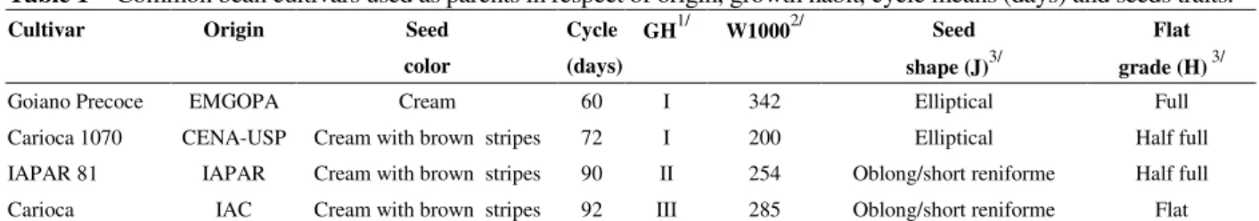 Table 1 -  Common bean cultivars used as parents in respect of origin, growth habit, cycle means (days) and seeds traits