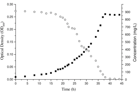 Figure 3 - Catechol degradation by C. parapsilopsis in standard medium into the Erlenmeyer flask  (So  =  910  mg/L),  (○)  represented  catechol  concentration,  (■)  represented  optical  density