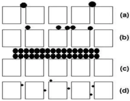 Figure  1  -  Mechanism  for  membrane  fouling:  (a)  complete  pore  blocking;  (b)  partial  pore  blocking; (c) cake filtration; (d) internal pore blocking